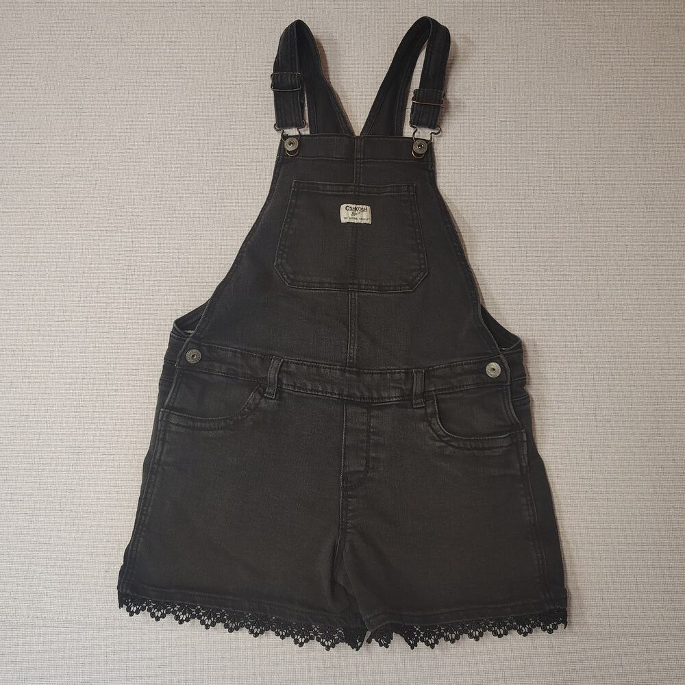 OshKosh B'gosh Girls 12 Black Denim Shortalls Overalls Lace Trim Y2K
